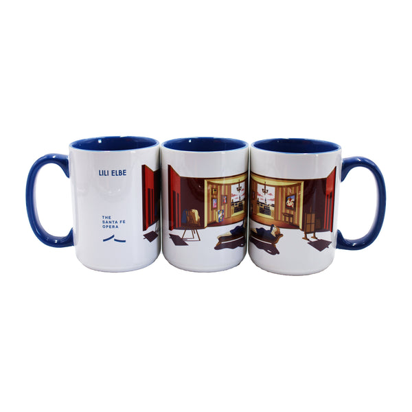 Blue and white mug Lili Elbe artwork and the Santa Fe Opera logo.