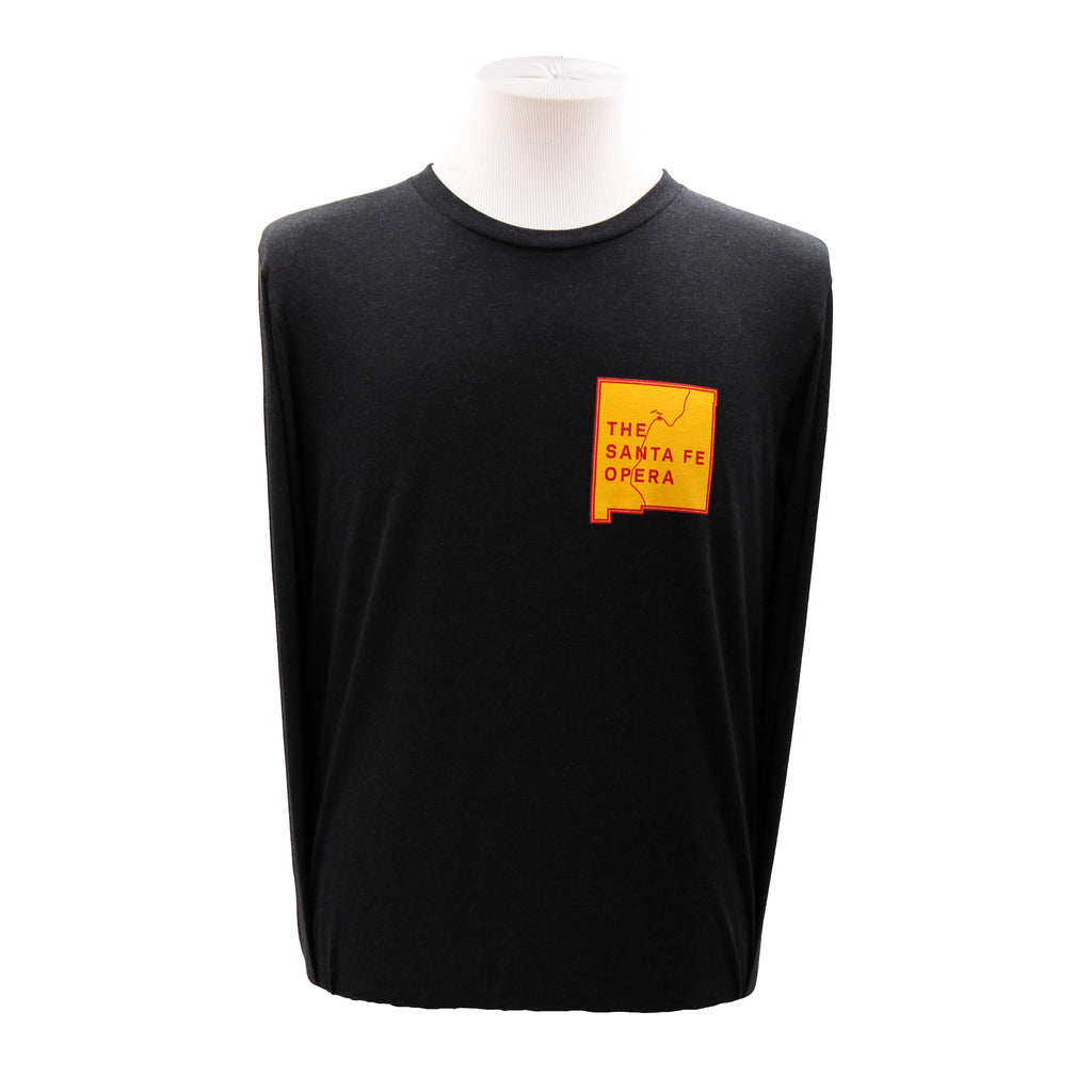 Black long sleeve tee with the state of New Mexico on the front with the Santa Fe Opera text inside.
