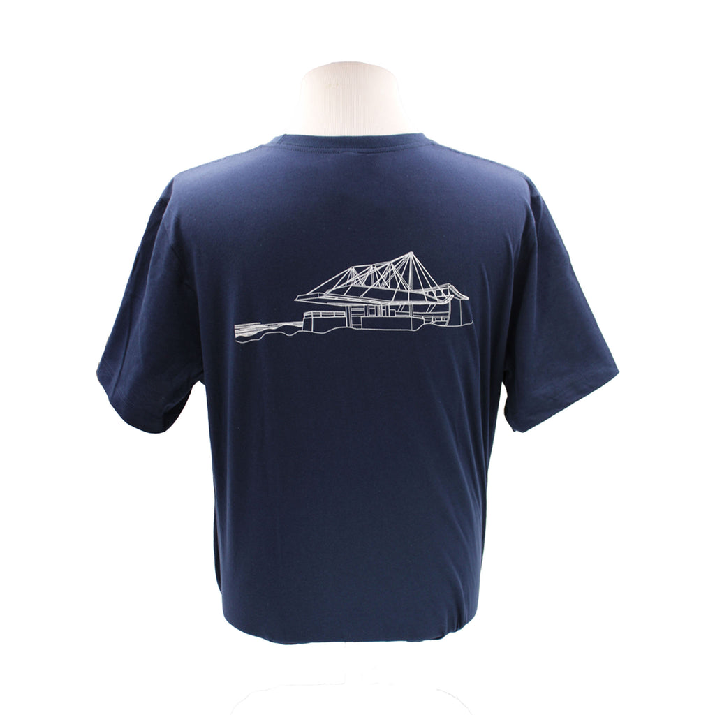 Back. Navy, short sleeve, crew neck tee with a white line drawing of the theater.