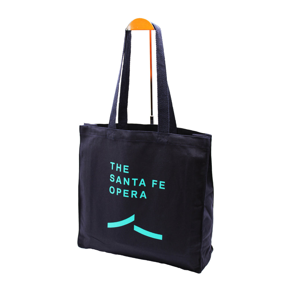 Navy tote bag with the Santa Fe Opera logo in teal.