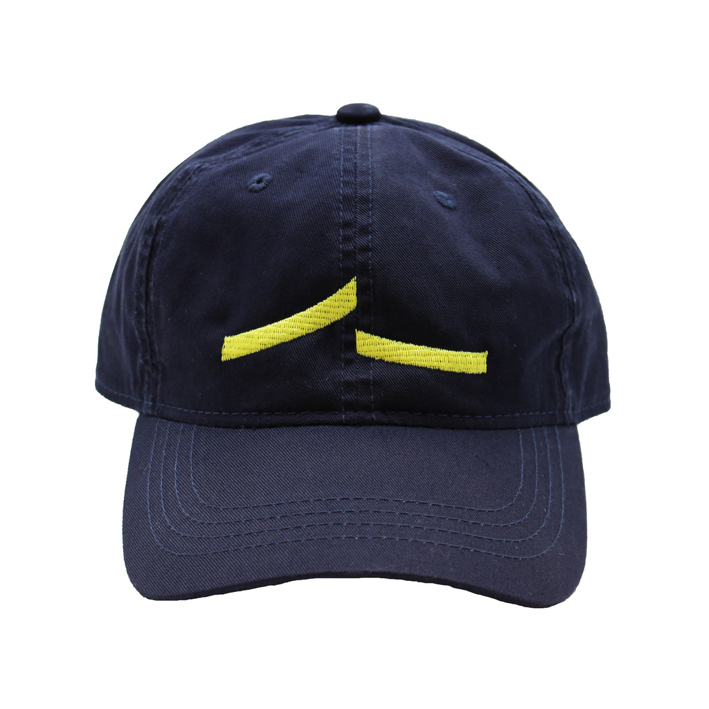 Navy blue cap with yellow swoosh logo.