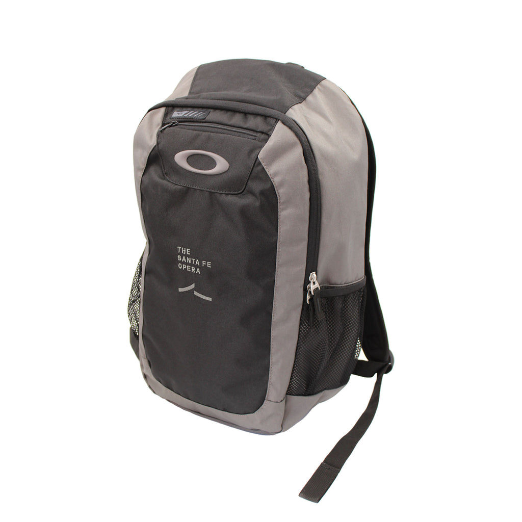 Black and grey backpack with grey Santa Fe Opera logo.