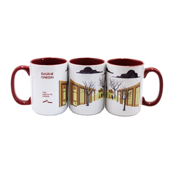 Marron and white mug Eugene Onegin artwork and the Santa Fe Opera logo.