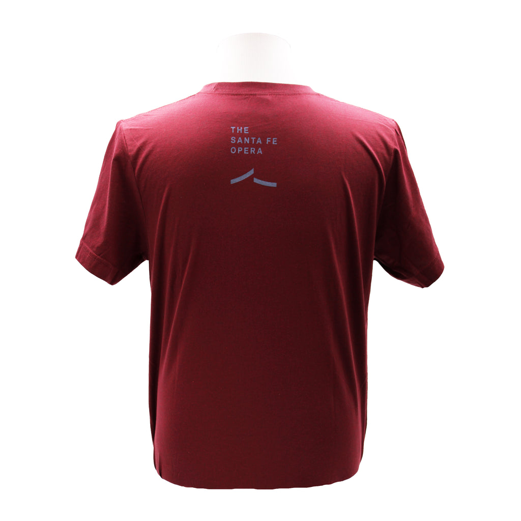 Maroon tee with the Santa Fe Opera logo in blue.