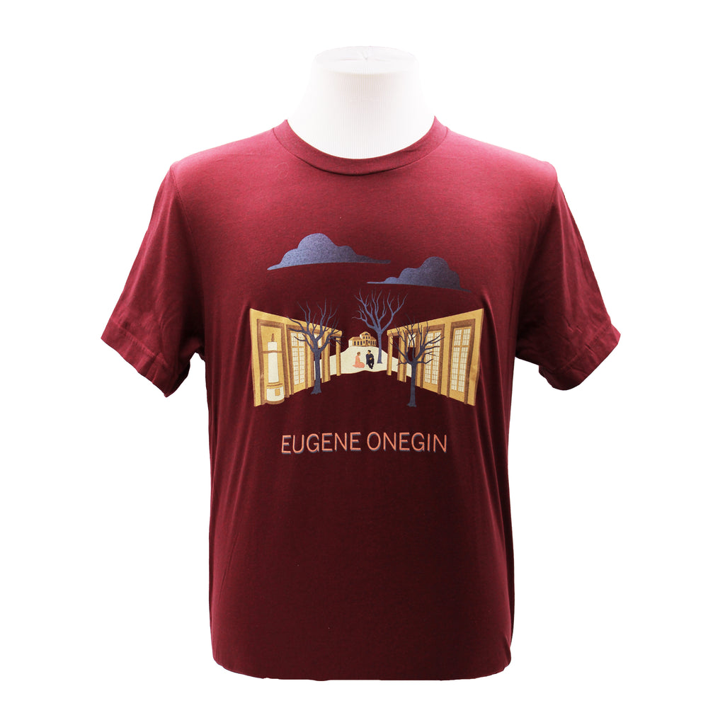 Maroon tee with 'Eugene Onegin' graphic design and text.