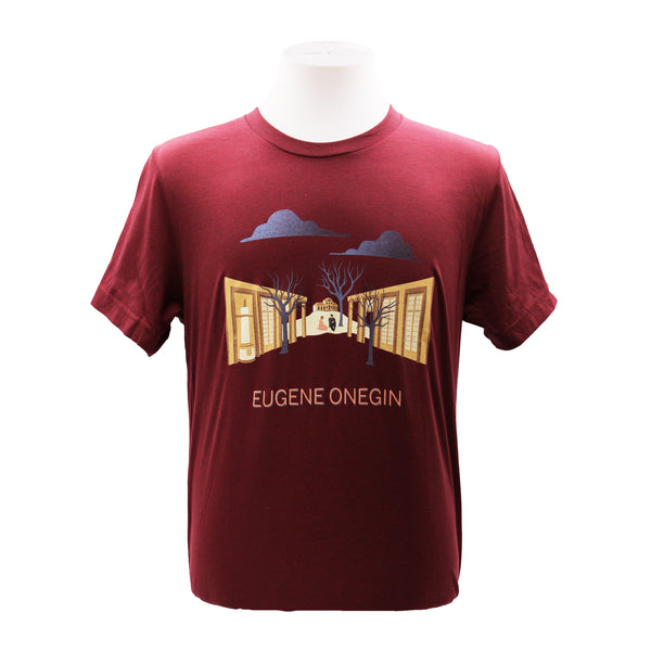 Maroon tee with 'Eugene Onegin' graphic design and text.