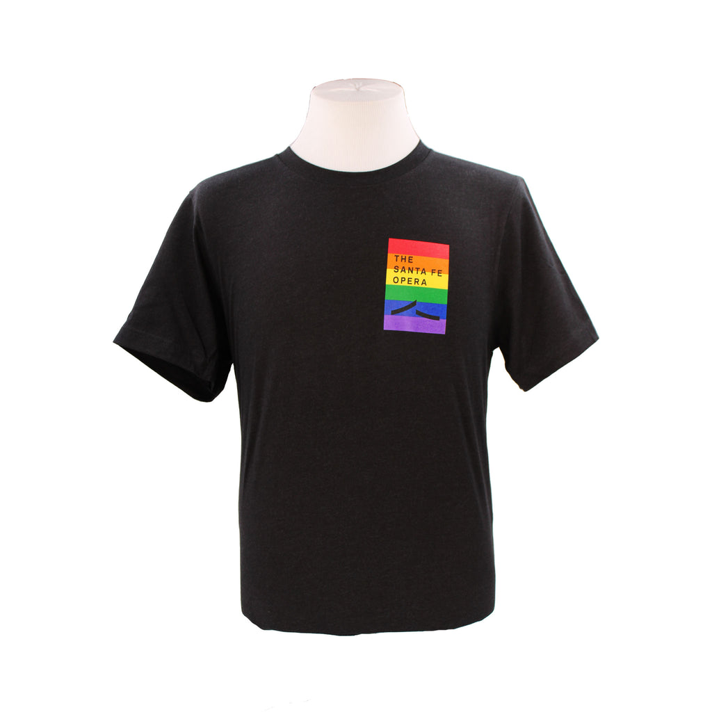 Black, crew neck, short sleeve t-shirt with pride flag colored Santa Fe Opera logo.
