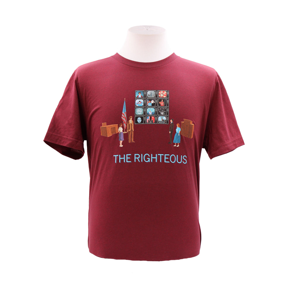 Front. Dark red, short sleeve, crew neck tee with The Righteous artwork.