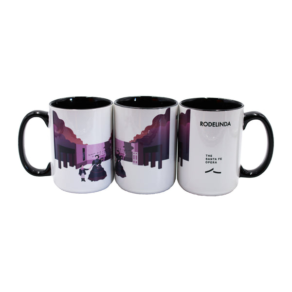 Black and white mug Rodelinda artwork and the Santa Fe Opera logo.