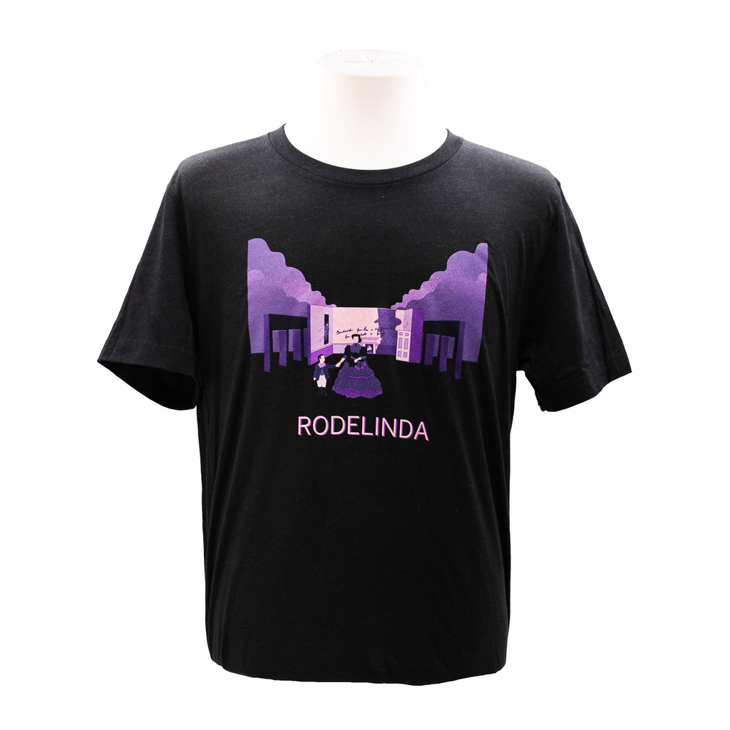 Black tee with 'Rodelinda' graphic design and text.