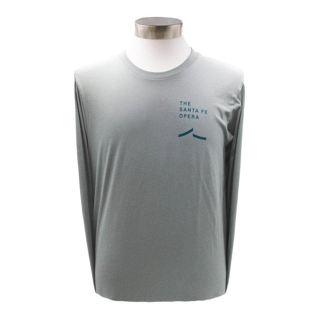 Image of grey blue long sleeve tee with a dark teal Santa Fe Opera logo.