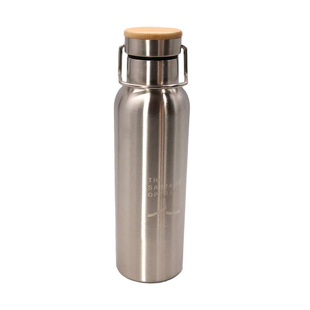 Stainless steel water bottle with silver Santa Fe Opera logo. Bamboo trimmed stainless steel lid.