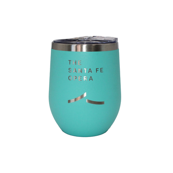 Light teal stainless steal wine tumbler with powder coat finish and embossed logo. Clear push lid.