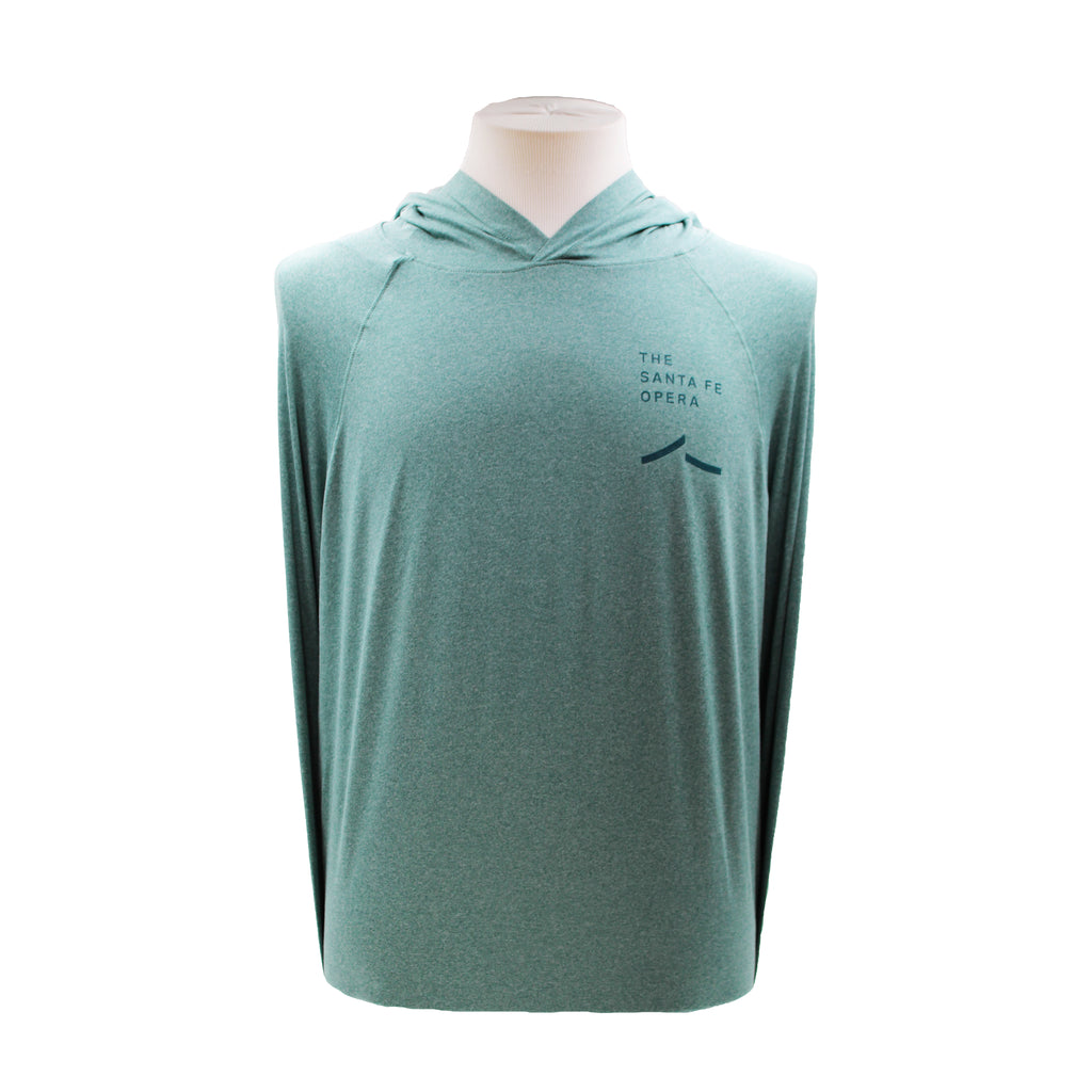 Light teal long sleeve hooded shirt with the Santa Fe Opera logo in dark teal.