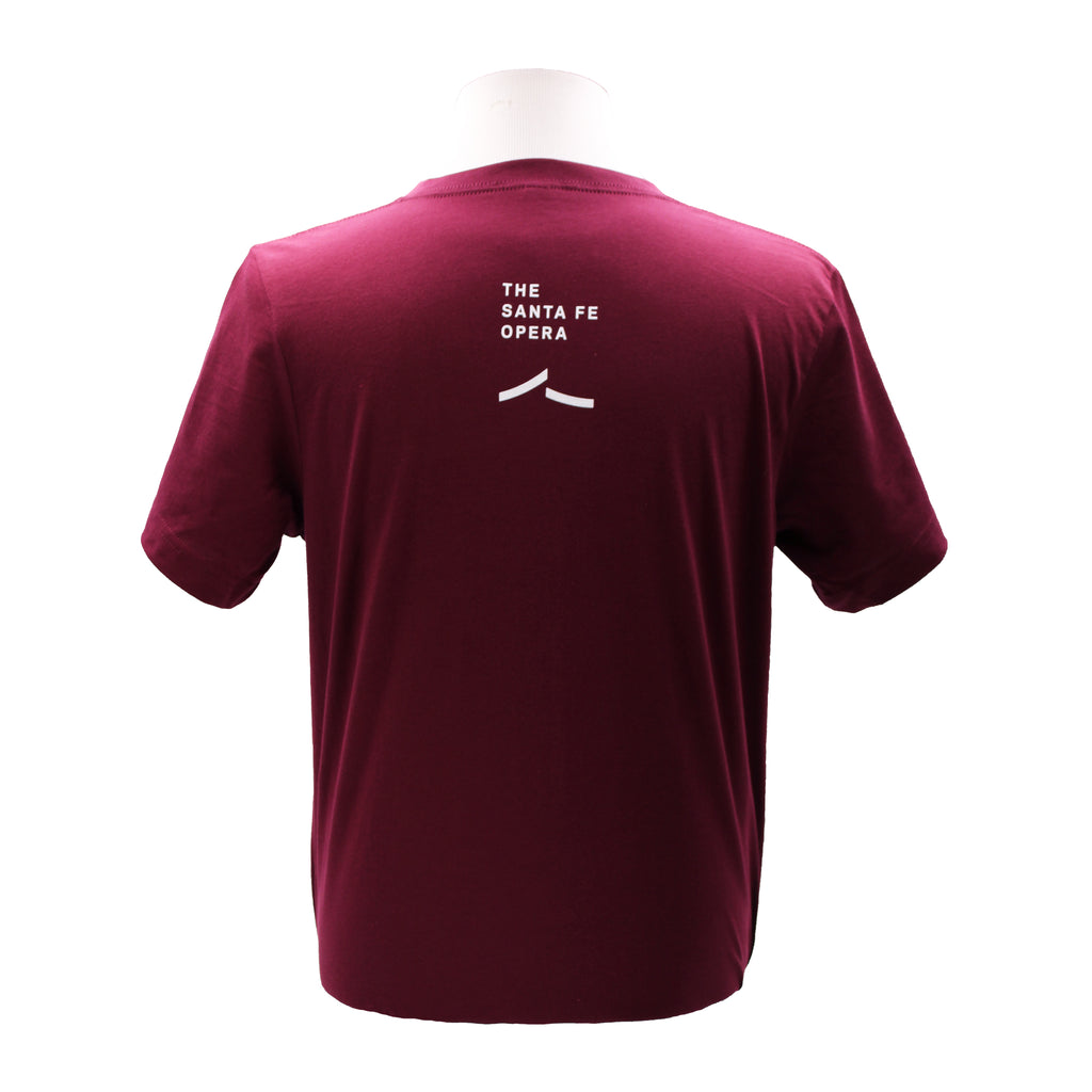 Burgundy tee with the Santa Fe Opera logo in white.