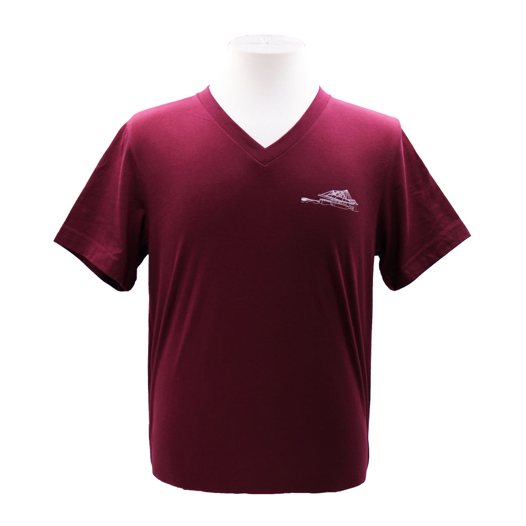 Burgundy tee with a small line drawing of the Santa Fe Opera theatre.