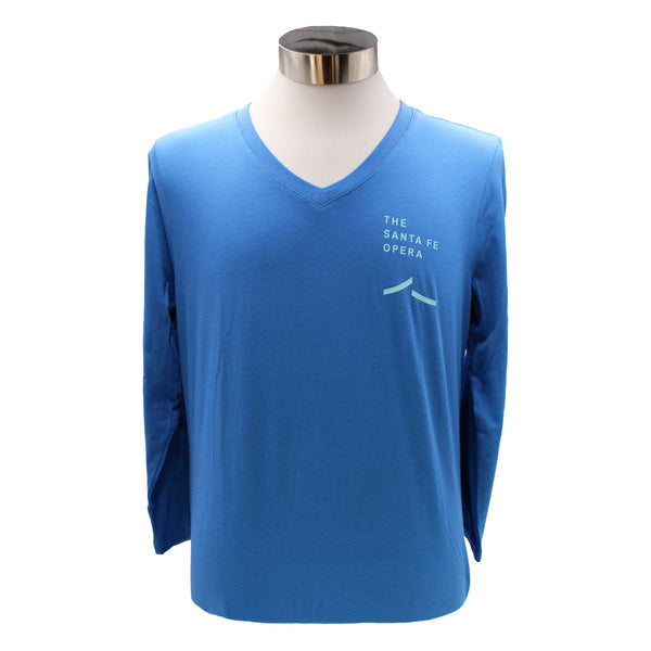 Image of a blue v-neck tee with 3/4 length sleeves and a light blue Santa Fe Opera logo.