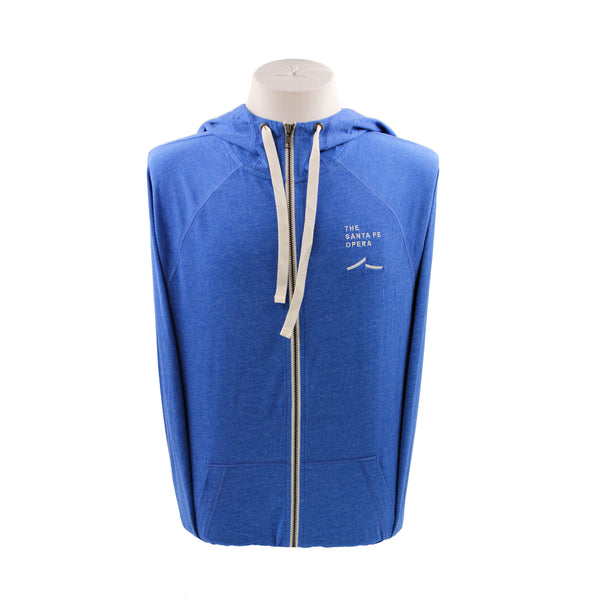 Blue zip up hoodie with white Santa Fe Opera logo.