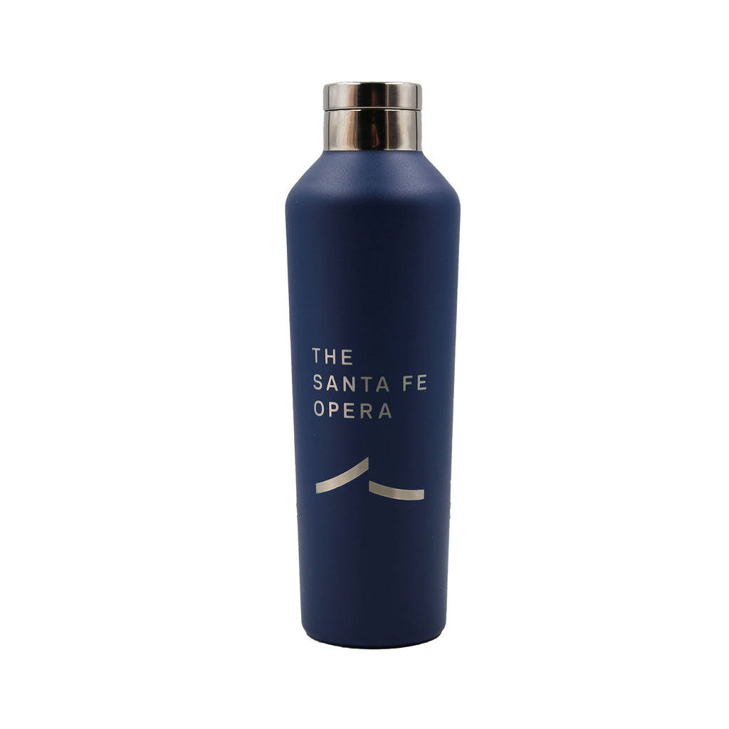 Blue water bottle with company logo etched 