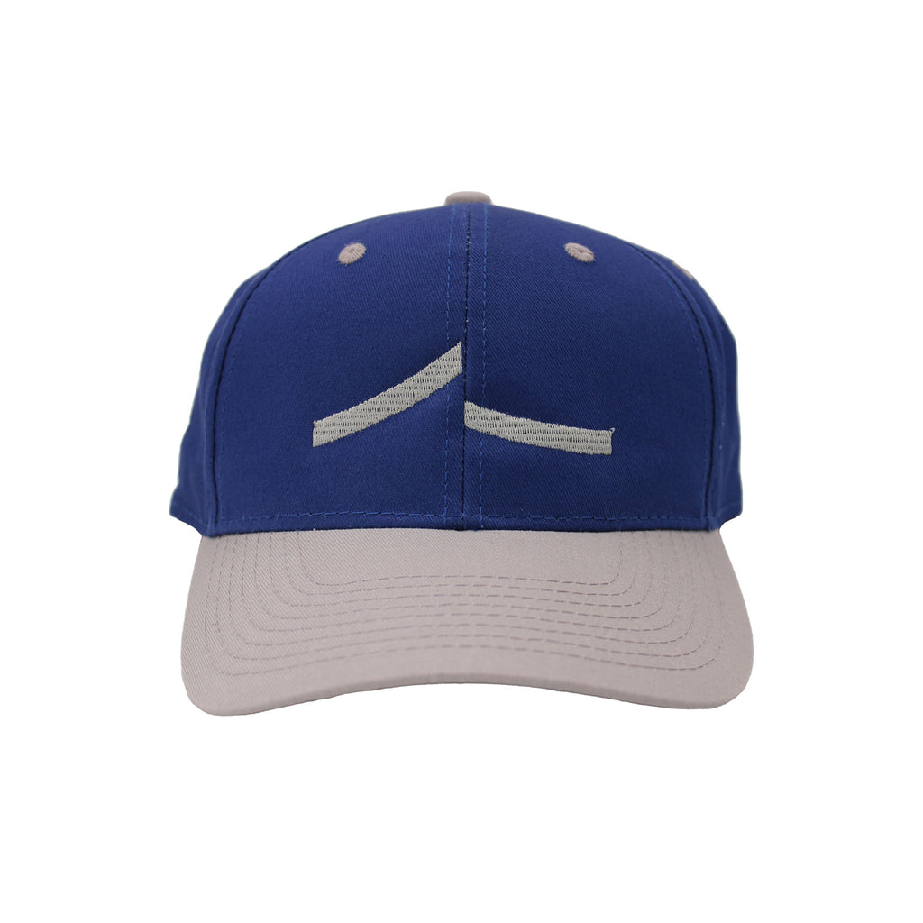 Blue ball cap with grey bill and grey Santa Fe Opera swoosh logo.