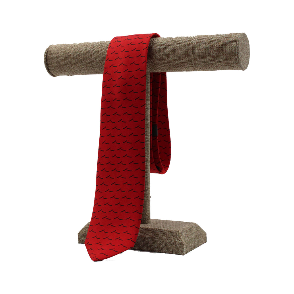 image of red neck tie with logo repeat pattern